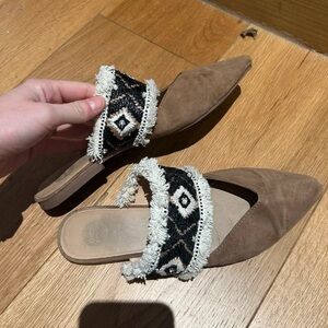 Gabor Tan Mules with Fringe and Geometric Strap